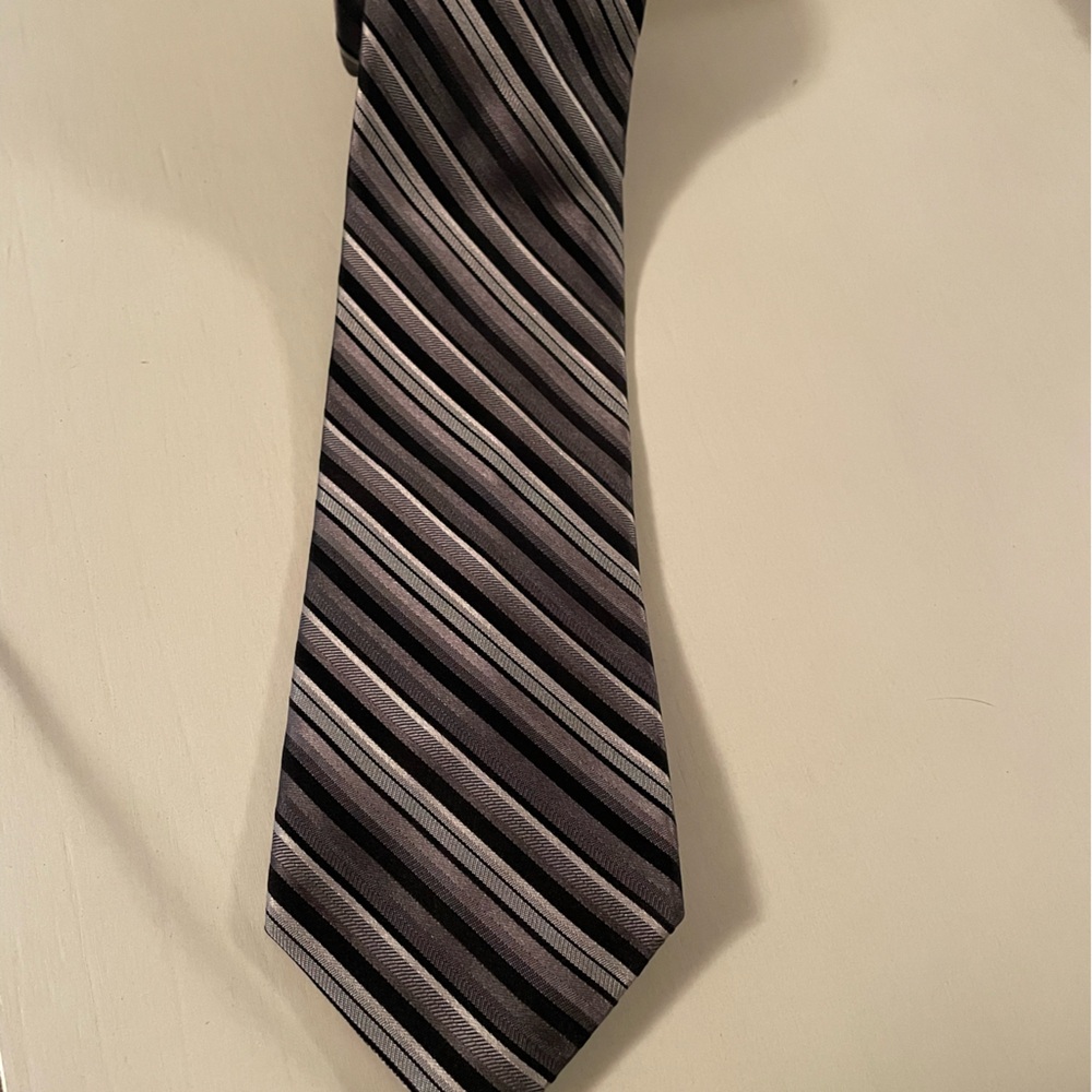 CK Calvin Klein Black and Gray Striped Tie 100% Silk
